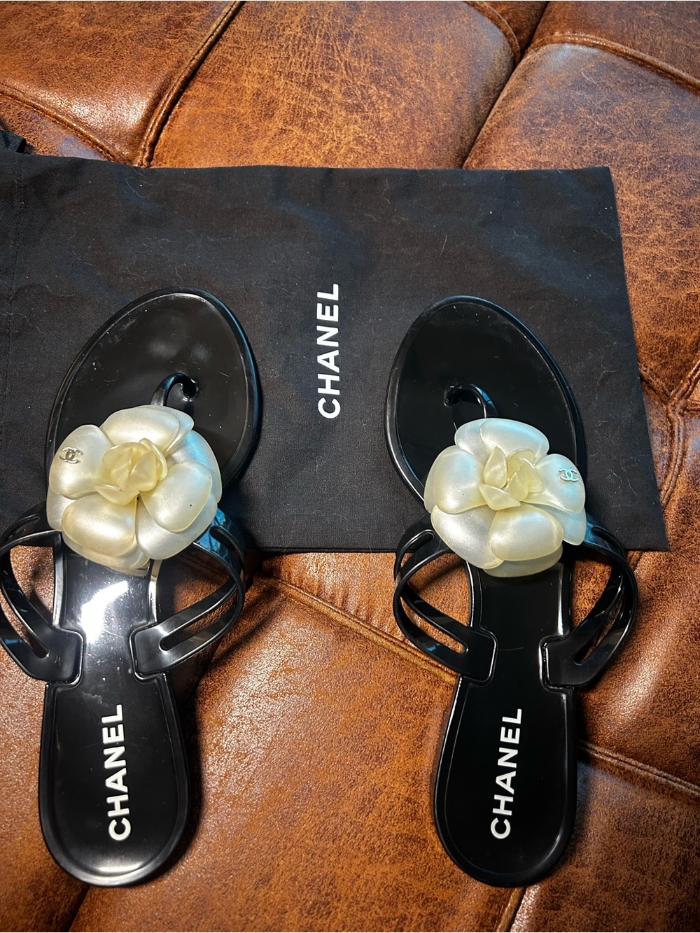 CHANEL Black Jelly Sandals with Pearl Camellia 8